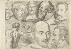 Hoja de estudio con ejemplos de dibujo: figura de pie, gallo y cabezas
