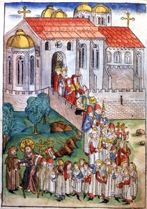 Peregrinación en Santiago de Compostela, grabado, finales del siglo XV de Michael Wohlgemuth