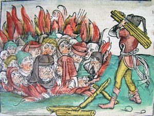 Quema de los Judíos en Deggendorf en 1338 de la Crónica del Mundo de Schedel, 1493