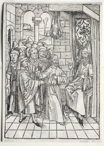 Der Schatzbehalter: Cristo ante Caifás verso, 1491 de Michael Wolgemut