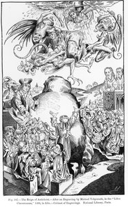 El Reinado del Anticristo, del Liber Chronicarum, publicado en 1493, ilustración de Ciencia y Literatura en la Edad Media y el Renacimiento, escrito y grabado por Paul Lacroix, 1878