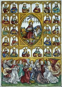 Jesús rodeado por los símbolos de los cuatro evangelistas y muchos reyes llevando arpas y copas de oro de Michael Wolgemut or Wolgemuth