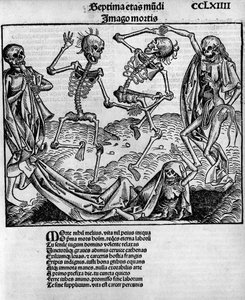 Escena de danza macabra, con esqueletos, -en 
