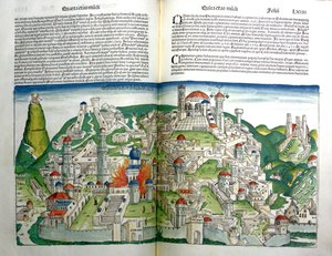 La ciudad rebelde de Jerusalén destruida por el emperador Tito, de la Crónica de Núremberg por Hartmann Schedel, impresa en 1493 de Michael and Pleydenwurff, W. Wolgemuth