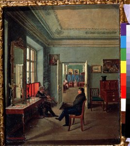 En la habitación (en la habitación). Dos hombres conversando en un interior burgués, las mujeres en otra habitación. Pintura de Mikhail Fyodorovich Davydov (primera mitad del siglo XIX). Óleo sobre tela