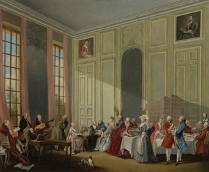 Mozart dando un concierto en el Salon des Quatre-Glaces en el Palais du Temple en la corte del Príncipe de Michel Barthelemy Ollivier
