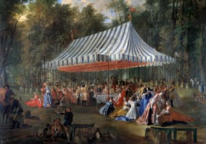 Fiesta dada por Luis Francisco José de Borbón, Príncipe de Conti, al Príncipe Heredero Carlos Guillermo Fernando de Brunswick Lüneburg, bajo la tienda, en el bosque de Cassan, en la Isla Adam en 1766 Banquete en el parque de Michel Barthelemy Ollivier or Olivier