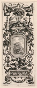 Panel ornamental coronado por una cesta de flores y una guirnalda, lámina 10 del Libro de diversas grotescas pintadas en el gabinete y baños de la Reina Regente, en el Palacio Real