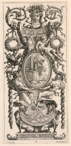 Panel ornamental coronado con una cabeza flanqueada por follaje, lámina 11 del Panel ornamental coronado con una cabeza flanqueada por follaje, del Livre de Diverses Grotesques peintes dans le Cabinet et Bains de la Reyne Regente, au Palais Royale de Michel Dorigny