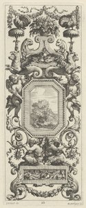 Panel ornamental coronado por una cesta de flores y una guirnalda de Michel Dorigny, after Simon Vouet