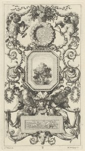 Panel Ornamental Coronado por una Cesta de Flores con Cupido e Himeneo de Michel Dorigny, after Simon Vouet