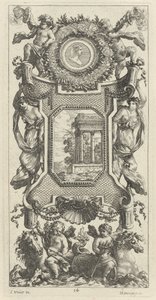 Panel ornamental coronado por un busto de una mujer y dos putti con trompetas flamígeras de Michel Dorigny, after Simon Vouet