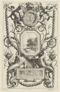 Panel ornamental coronado por un medallón con un sacrificio de Michel Dorigny, after Simon Vouet