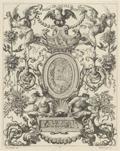 Panel ornamental coronado por un águila y el lema NATOS ET NOSTRA TUEMUR de Michel Dorigny, after Simon Vouet