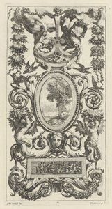 Panel ornamental con Pan y dos mujeres portando guirnaldas de Michel Dorigny, after Simon Vouet
