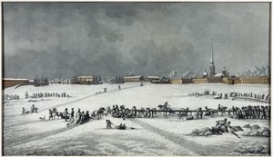 Vue de la forteresse Pierre et Paul (Pedro y Pablo) - Vista de la fortaleza de Pedro y Pablo - Michel Francois Damam-Demartrait (1763-1827). Aguatinta de Michel Francois Damam Demartrait