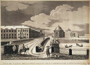 Vista del Puente Izmailovsky y los Cuarteles a través del río Fontanka, finales del siglo XVIII de Michel François Damame Demartrais
