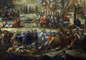 Vista del Cours Belsunce, Marsella, durante la peste de 1720, detalle que representa al cardenal de Belsunce con un grupo de cadáveres de víctimas de la peste