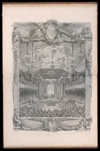 Decoración de la sala de espectáculos, construida en el picadero cubierto de la gran caballeriza en Versalles, para la representación de la Princesa de Navarra Comedia Ballet, dada con motivo del matrimonio de Luis Delfín de Francia con María Teresa Infant de Michel de Bonneval