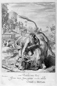 Aqueloo en forma de toro es vencido por Hércules, 1655 de Michel de Marolles