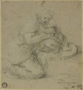 Madre arrodillada abrazando a su hijo de Michelangelo Anselmi