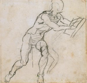 Un hombre desnudo sentado de Michelangelo Buonarroti