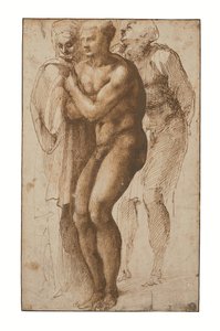 Un hombre desnudo (según Masaccio) y dos figuras detrás de él (pluma y dos tonos de tinta marrón, aguada marrón, filigrana) de Michelangelo Buonarroti