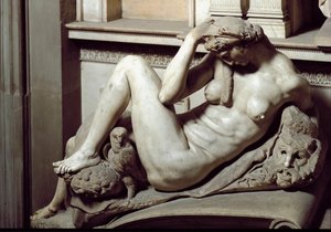 Alegoría de la noche. Mausoleo de Giuliano de Médici. Escultura de mármol de Michelangelo Buonarroti