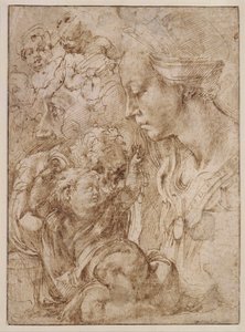 "Estudio para la Sagrada Familia con San Juan Bautista niño" Dibujo de Michelangelo Buonarroti (1475-1564) - 1505 - Pluma, pincel, tinta india sobre papel Dim 28,7x20,9 cm Staatliche Museen, Berlín de Michelangelo Buonarroti