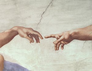 Manos de Dios y Adán, detalle de La Creación de Adán, del techo de la Capilla Sixtina, 1511 (pre restauración)