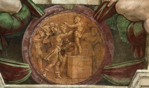 Medallón que representa la destrucción de la estatua del dios Baal..., 1508-1512 de Michelangelo Buonarroti