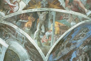 Techo de la Capilla Sixtina: Amán (esfuerzo) (pre restauración) de Michelangelo Buonarroti
