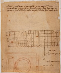 Boceto para una ventana, anotaciones autógrafas y cálculo gráfico de Michelangelo Buonarroti