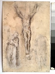 Estudio para una crucifixión (representación de Cristo en la cruz con la Virgen y San Juan) de Michelangelo Buonarroti