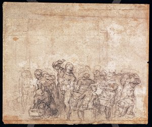 Estudio de figuras para una escena narrativa (tiza negra sobre papel) (verso) de Michelangelo Buonarroti