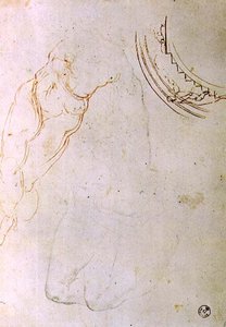 Estudio de una figura tendida con piernas cruzadas y un diseño para una luneta mostrando una figura subiendo una escalera