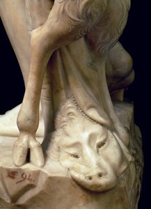 La embriaguez de Baco, detalle de la cabeza de una pantera, escultura de Miguel Ángel Buonarroti (detalle)
