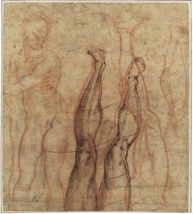 Cristo resucitado, tres cuartos de longitud desnudo dibujado sobre estudios de una pierna y un pie de Michelangelo Buonarroti
