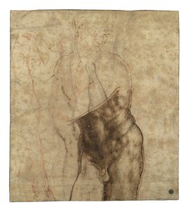 Cristo resucitado, desnudo de tres cuartos mirando hacia abajo a la derecha de Michelangelo Buonarroti