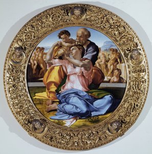 Tondo Doni: La Sagrada Familia con San Juan Bautista niño de Michelangelo Buonarroti