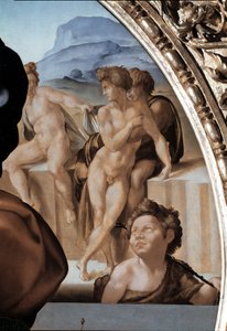 Tondo Doni: La Sagrada Familia con San Juan Bautista Niño (detalle) de Michelangelo Buonarroti