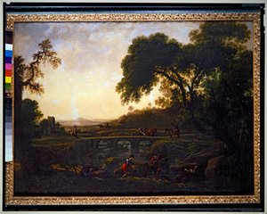Paisaje con un puente y campesinos y vacas y cabras (lienzo) de Michelangelo Cerquozzi