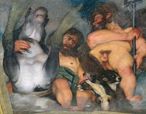 Alegoría de los elementos, el universo y los signos del zodiaco (detalle de Neptuno y Tritón con Cerbero, el perro de tres cabezas)