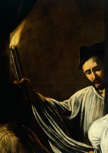 Un hombre sosteniendo una antorcha y enterrando a un muerto (detalle) de Michelangelo Merisi da Caravaggio