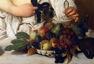 Baco, detalle con Cuenco de frutas, c.1589 (óleo sobre lienzo) de Michelangelo Merisi da Caravaggio
