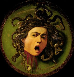Medusa, pintada sobre un escudo de justas de cuero, c.1596-98 (óleo sobre lienzo fijado a madera) (antes de la restauración)