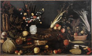 Naturaleza muerta con flores y frutas de Michelangelo Merisi da Caravaggio