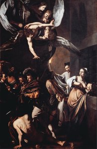 Las siete obras de misericordia (Sette opere di misericordia). Cimon condenado a morir de hambre en prisión se alimenta del pecho de su hija Pero (Caridad Romana) y en el fondo un hombre lleva una antorcha en llamas para sacar un cadáver. En la parte super de Michelangelo Merisi da Caravaggio