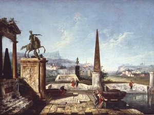 Un capricho de monumentos clásicos, un obelisco con soldados junto a una piscina y montañas al fondo
