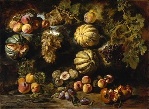 Bodegón con melones, melocotones, higos y uvas